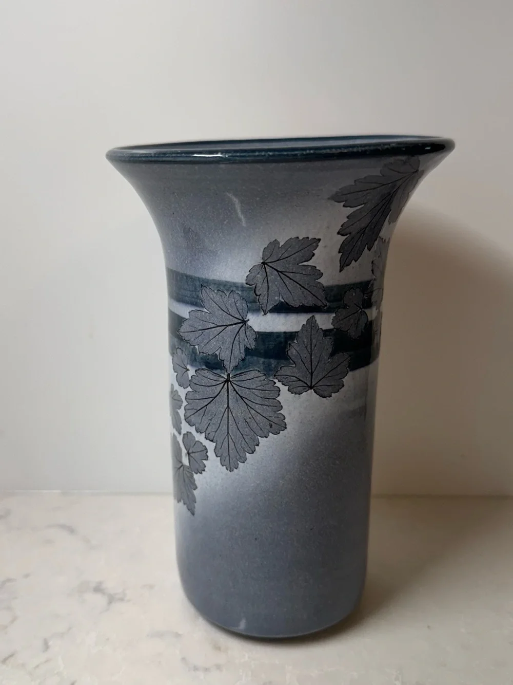 Blue Ceramic Vase with Leaf Motif by Wizard of Clay